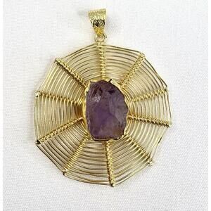Natural Raw Amethyst Stone Bezel Wrapped Large Pendant Gold Plated Copper